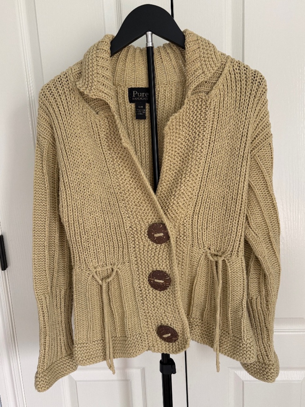 Pure Handknit Funky Cable Knit Cardigan Sweater Tan S/M Big Coconut Buttons